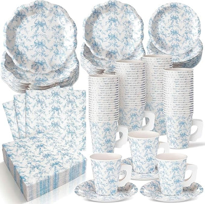 Pickmesh 252 Pcs Blue Bow Floral Tea Party Supplies by Pickmesh