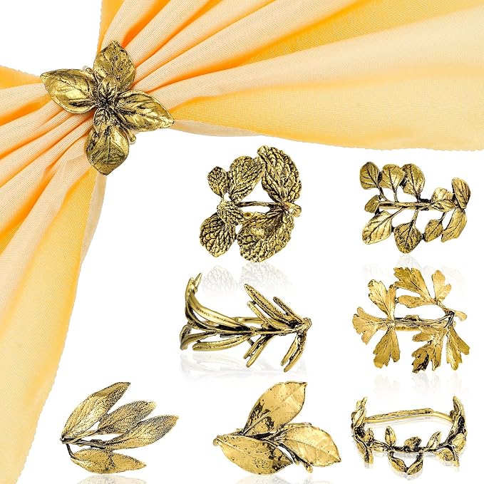 8 Pieces Herb Napkin Rings Set Vintage Leaf Napkin Holders Rings Glossy Holder by Cunhill