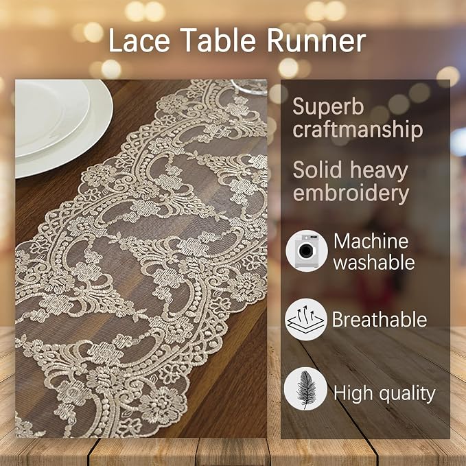 Lace Table Runner Dresser Scarf, Macrame Floral Embroidered Vintage Exquisite - Image 3