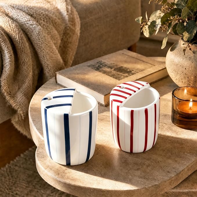 2 Pcs Ceramic Mug with Sip Hole 10 oz Deep Blue Red Striped Ceramic Coffee Mug - Image 6