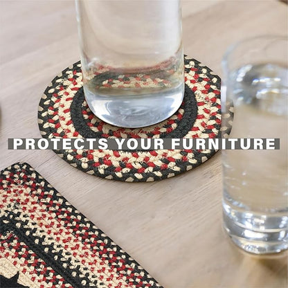 Homespice Primitive Star Gloucester Jute Braided Trivets for Table - Set of 6, Round 8", Black & Red - Rich Colors, Easy to Clean, Durable and Protects Furniture