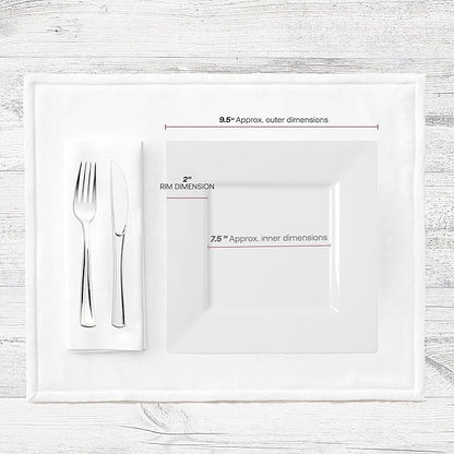 Smarty Had A Party 120 Elegant Disposable Plastic Dinnerware, 9.5" Fancy Square White Plates for Parties and Events, Heavy Duty