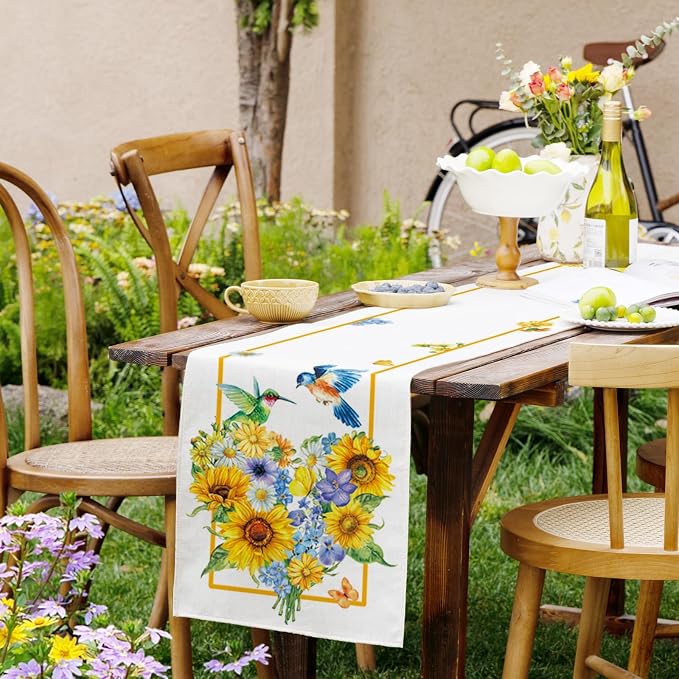 Summer Sunflowers Daisies Table Runner Birds Burlap Table Runners, Spring - Image 6