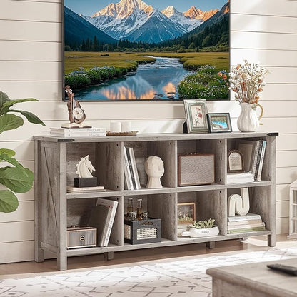 8 Cube Book Shelf, Farmhouse Wood Long Storage Organizer Bookcase, 62" Horizontal Grey Oak Console Closet Bookshelf, Hallway TV Stand for Entryway, Display Cabinet Book Case for Living Room
