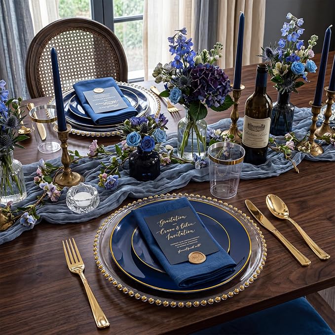 KIRE 350Pcs Blue and Gold Plates -Heavy Duty Navy Blue Dinnerware Set - Image 4