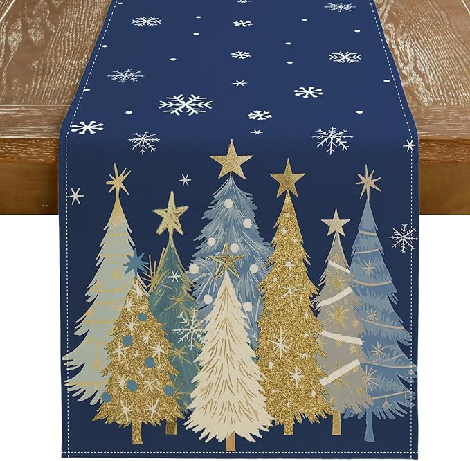 Christmas Table Runner 13x60 Inch, Xmas Trees Snowflakes Holiday Decorative by GEEORY