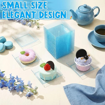 Zhehao 100 Pcs Plastic Dessert Appetizer Plates Disposable, 3.6 x 3.6 Inch Small Square Plastic Dessert Cake Plate for Party, Valentine's Day Wedding Birthday Bridal Baby Shower Supplies (Blue Clear)