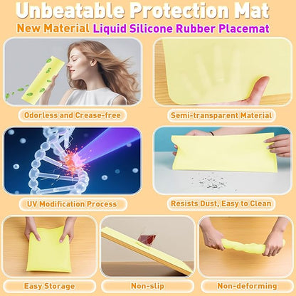 Silicone Placemat Set of 4,Heat Resistant Non-Slip Silicone Mat for Dining Table and Kitchen,Waterproof Wipeable Easy Clean Upgrade Table Mat 15.8"x11.8" Ultra-thin Semi-Transparent (Yellow)