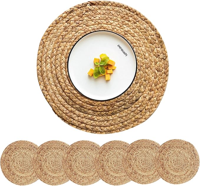 Woven Placemats Round Placemats Set of 6, 13.5 Inch Wicker Placemat Circle by CYSISTERS