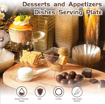 Tessco for you 1600 Pcs Mini Appetizer Plates Dessert Cups with Spoons Forks Set Assorted Shape Plastic Parfait Cups Dessert Plates Container Bowls with Disposable Spoon Fork for Party(Gold Glitter)