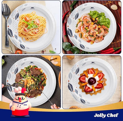 JOLLY CHEF 140 Count Paper Plates 10 inch Soak Proof, Cut Proof, Heavy Duty Leaf Printed Disposable Paper Plates for Everyday Use