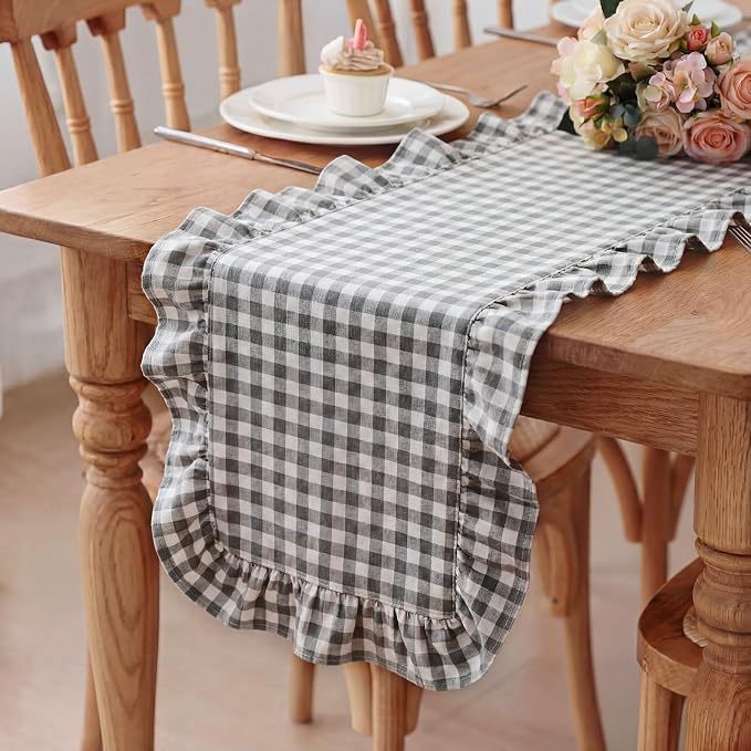HunnmingRe 1 Pc Gingham Table Runner Light Grey, 72 X 13.8 Inch | Cotton by HunnmingRe