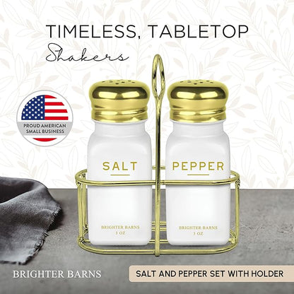 Luxury Salt and Pepper Shakers Set with Holder by Brighter Barns - Modern Kitchen Essentials, White and Gold Kitchen Accessories - Vintage Glass Shakers with Caddy for Restaurant, Airbnb (White/Gold)