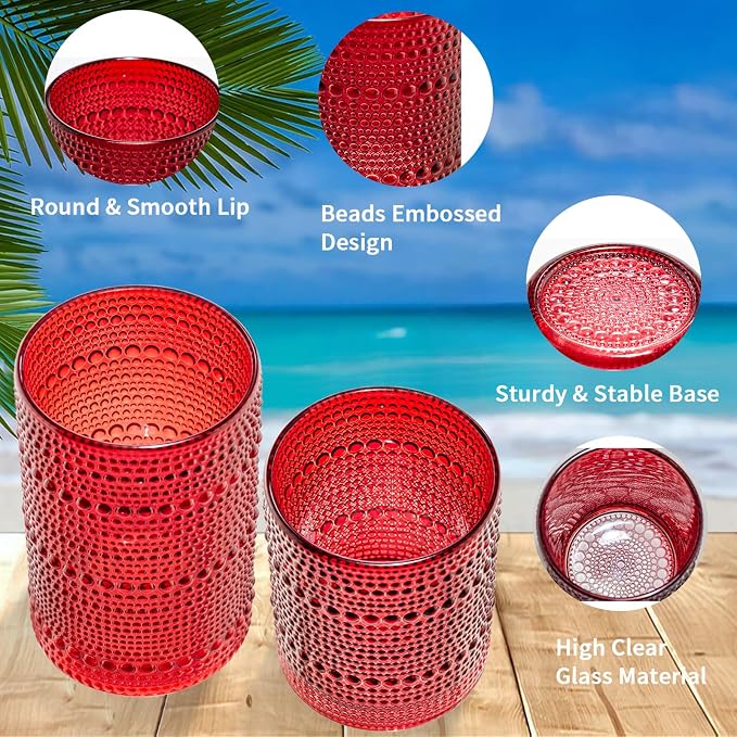 XKXKKE Red Hobnail Beaded Drinking Glasses Set of 12, 12 oz & 15oz Vintage - Image 2