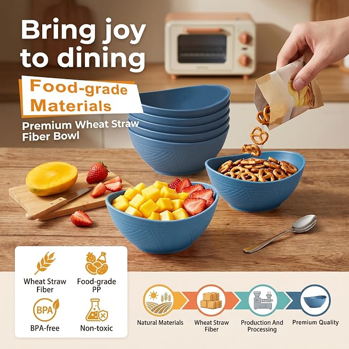 26oz Wheat Straw Bowls Sets of 6, Unbreakable & Stackable Ramen Bowl, Microwave - Image 3