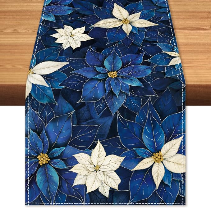 Winter Navy Blue Poinsettia Table Runner Christmas Floral Burlap Table Runners by BEAUTYROMANCEFORYOURLIFE