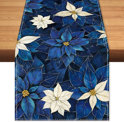 Winter Navy Blue Poinsettia Table Runner Christmas Floral Burlap Table Runners by BEAUTYROMANCEFORYOURLIFE