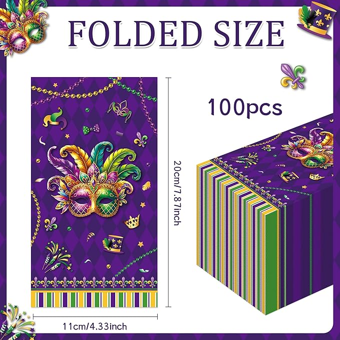 Mardi Party Gras Decorations - 100 Pcs Masquerade Paper Decorative Napkins Set Disposable Purple Crown Mask Dinner Cocktail Bulk Table Gifts Supplies Decor for Decoupage Carnival 7.9 x 4.3 In