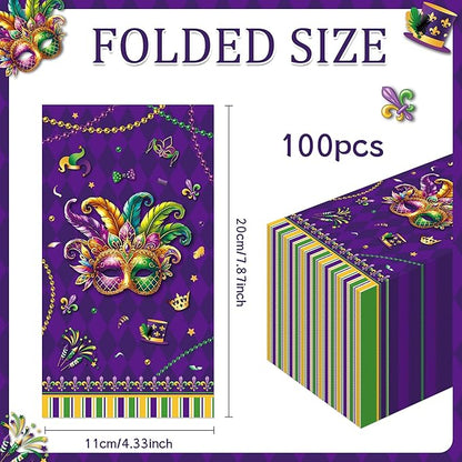 Mardi Party Gras Decorations - 100 Pcs Masquerade Paper Decorative Napkins Set Disposable Purple Crown Mask Dinner Cocktail Bulk Table Gifts Supplies Decor for Decoupage Carnival 7.9 x 4.3 In