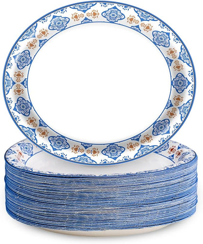 50Pcs Blue Floral Oval Plates 10"x 12", Large Disposable Paper Plates, Heavy Duty Flower Plate Tableware for Family Gathering, Dinner Time, Birthday, Wedding, Holiday Party Serving Supplies