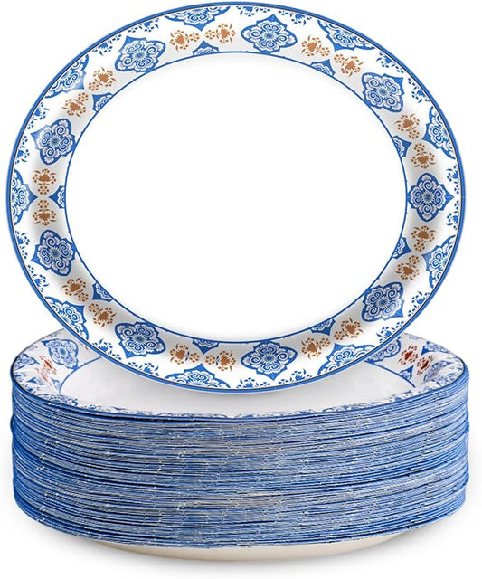 50Pcs Blue Floral Oval Plates 10"x 12", Large Disposable Paper Plates, Heavy Duty Flower Plate Tableware for Family Gathering, Dinner Time, Birthday, Wedding, Holiday Party Serving Supplies