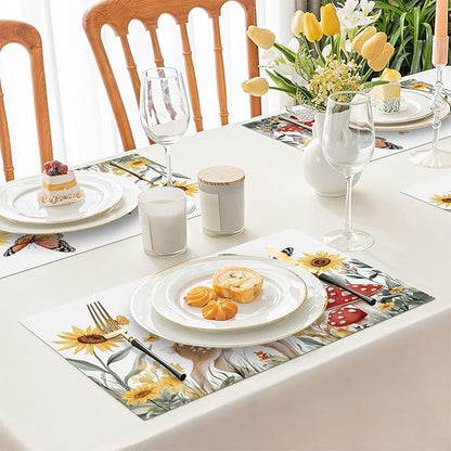 Cute Deer Placemats Set of 4, Sunflower Butterfly Place Mats, Sika Deer Waterproof Washable Table Mats for Home Party Indoor Kitchen Dining Table Decoration 12x18 Inch