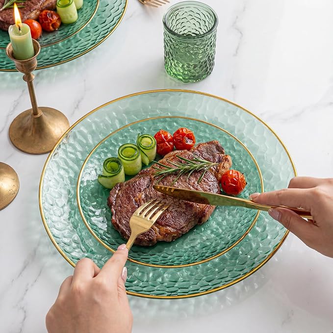 Rubtlamp 175 Pcs Green Plastic Plates Dinnerware Set, Hammered Plates Sets - Image 7