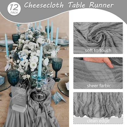 12 Pack 10Ft Cheesecloth Boho Gauze Table Runner - 35x120 Inch Rustic Cheese Cloth Long Table Runner for Wedding, Bridal Shower, Birthday Party Decor (Gray)