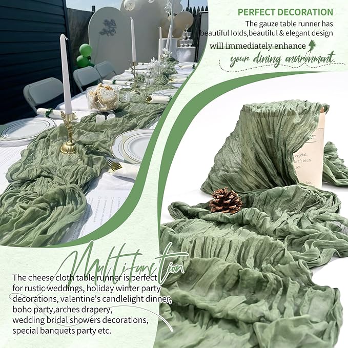 18 Pack Cheesecloth Table Runner 10FT Sage Green Table Runner Boho Gauze Cheese - Image 6