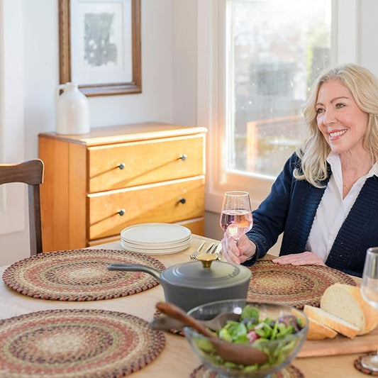 Homespice Gingerbread Round Braided Placemats, Warm Country Decor, Set of 2, 15", Brown Jute Table Mats - Vibrant Colors, Durable, Easy to Clean and Protects Furniture