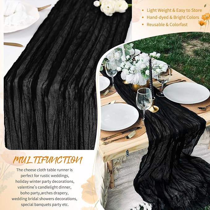 Showgeous 18 Pack Black Cheesecloth Table Runner, 17 x 108 Inches | Boho - Image 5