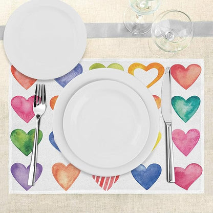 Ambesonne Grunge Place Mats Set of 4, Rainbow Color Heart Shapes Valentine's Day Design Romantic His and Hers Theme, Washable Fabric Placemats for Dining Table, Standard Size, Red Multicolor