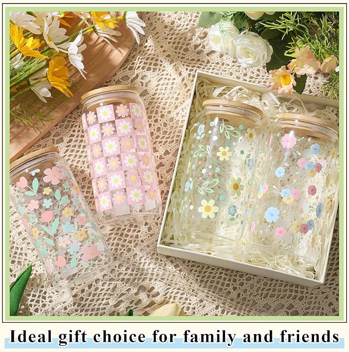 Mumufy 4 Pack Wildflower Glass Cups Gift Aesthetic Cute Glass Cup Tumbler - Image 6