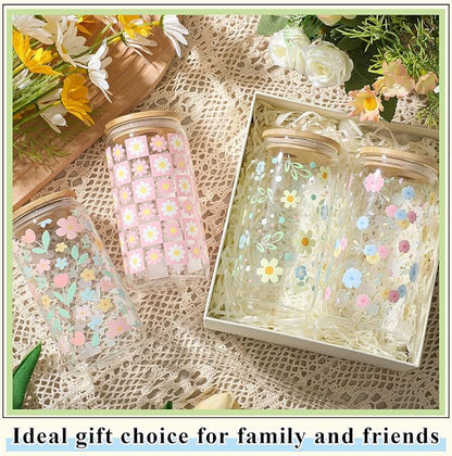 Mumufy 4 Pack Wildflower Glass Cups Gift Aesthetic Cute Glass Cup Tumbler - Image 6