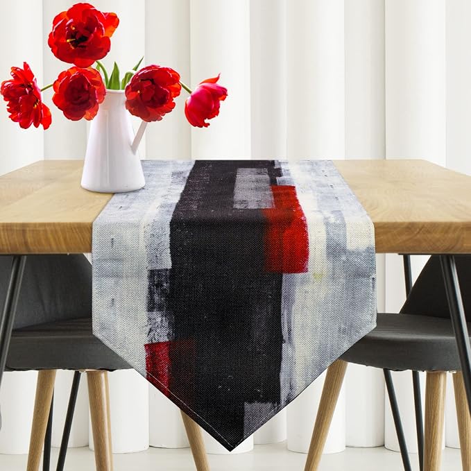 Modern Burlap Table Runner, Abstract Red and Black Art Table Runners - Image 2