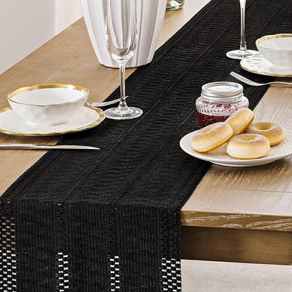 Macrame Style Boho Table Runner, 12x60 Inch Black | Woven Boho Table Runner - Image 5