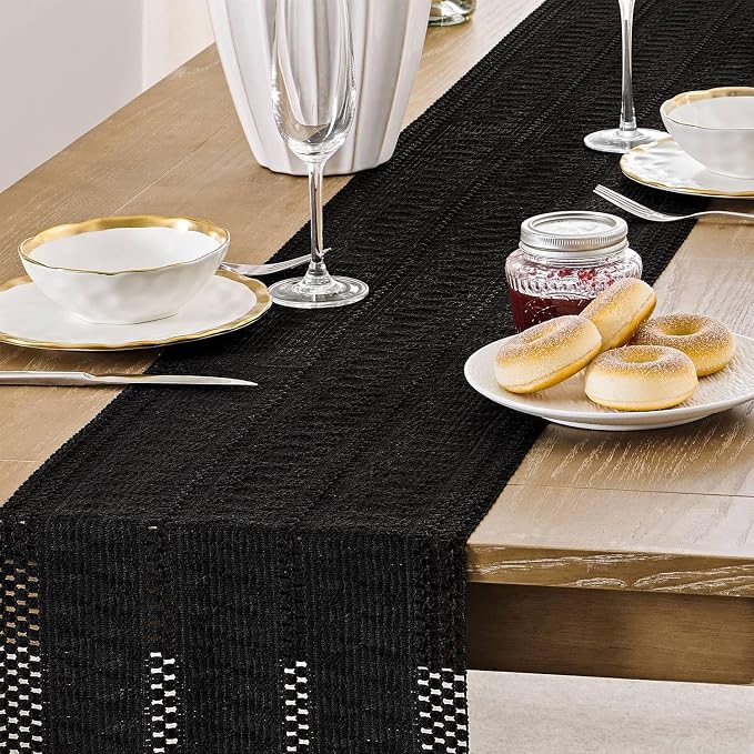 Macrame Style Boho Table Runner, 12x48 Inch Black | Woven Boho Table Runner - Image 5
