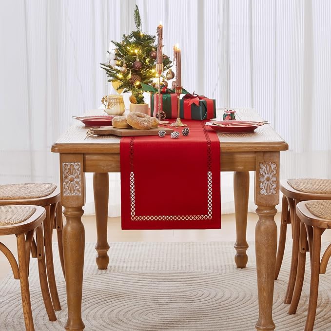 Red Burlap Table Runner, Christmas Table Runners 36 inches Long | Double Layer - Image 3