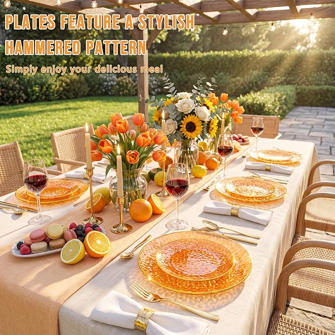 Rubtlamp 60Pcs Orange Plastic Plates, Hammered Plastic Plates Include 30 - Image 5