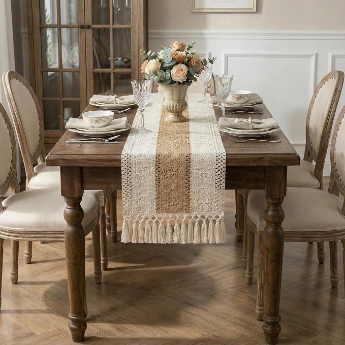 Burlap Boho Table Runner Macrame Brown 90in Farmhouse Woven Runner | Burlap - Image 7
