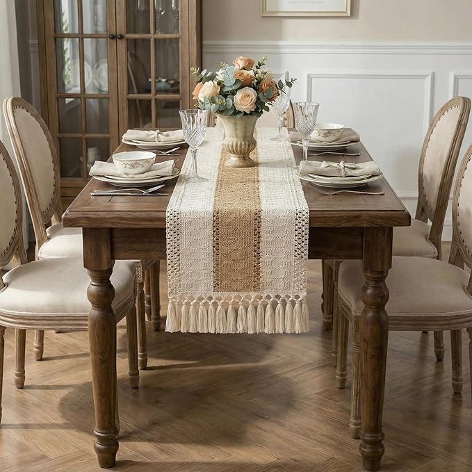 Burlap Boho Table Runner Macrame Brown 108in Farmhouse Woven Runner | Burlap - Image 7