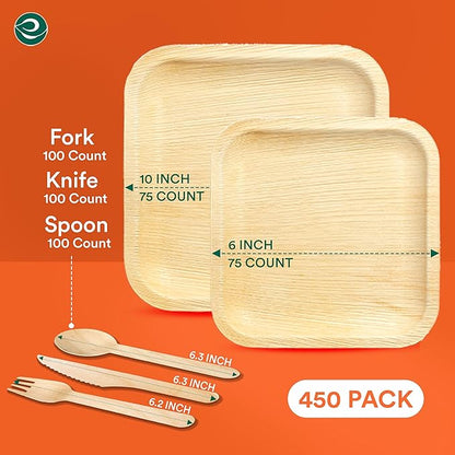 ECO SOUL 100% Compostable Palm Leaf Dinnerware Set For 75 Guests [10", 6" Square plates 75 Count each | Fork, Knife, Spoon, 100 Count each] | Biodegradable Disposable Utensils for Wedding, Parties