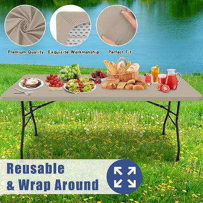 Spandex 8 Foot Rectangle Table Cloth 2 Pack, Elastic Fitted Tablecloths for Picnic, Stretch Washable Patio Table Cover for Outdoor, Camping, Banquet and Parties (Taupe, 30"x96")
