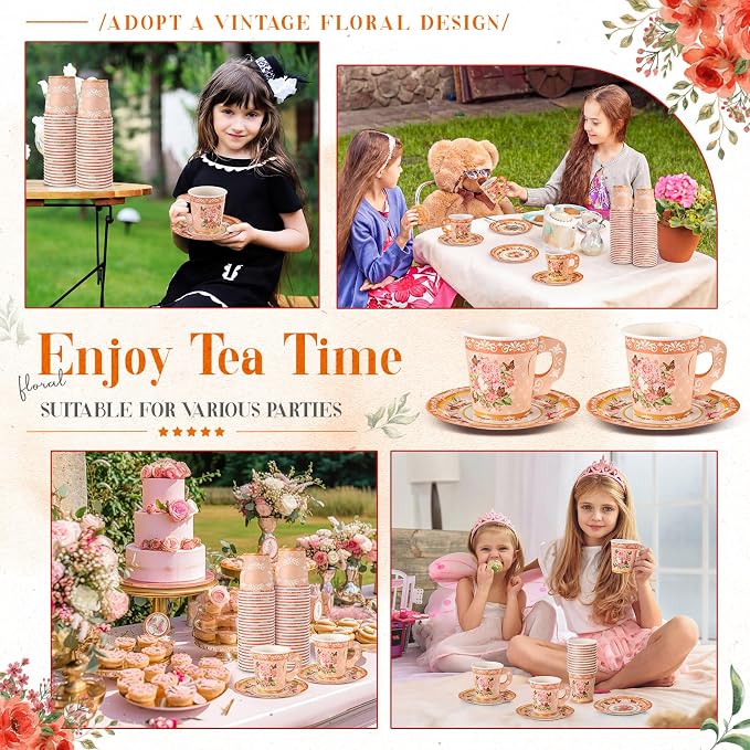 Nuogo 200 Pcs Floral Paper Tea Cups and Saucers 7 oz Disposable Paper Teacups - Image 6