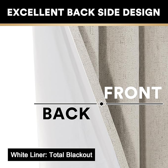 PrinceDeco Linen Blackout Curtains 100% Blackout Curtains for Bedroom Grommet Room Darkening Curtains & Drapes Thermal Insulated White Liner Noise Reducing Window Treatment Drapes,52" W x 54" L,Stone