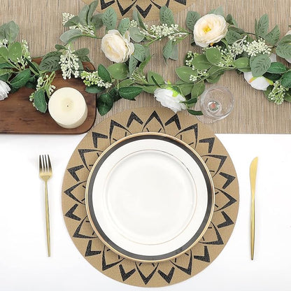 SHACOS 15 inch Round Vinly Placemats Set of 6 Boho Flower Print Place Mats Wipeable Non Slip Stain Heat Resistant Woven Table Mats Indoor Outdoor (6, Round Flower Black)