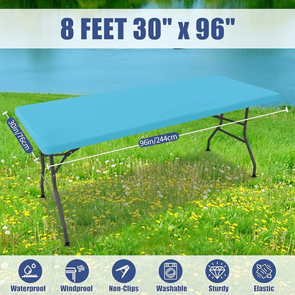 Spandex 8 Foot Rectangle Table Cloth 2 Pack, Elastic Fitted Tablecloths for Picnic, Stretch Washable Patio Table Cover for Outdoor, Camping, Banquet and Parties (Blue Mist, 30"x96")