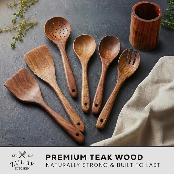 Zulay Kitchen 7-Piece Wooden Cooking Spoons Set – Heat-Resistant, Smooth Teak - Image 2