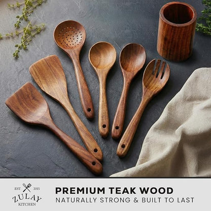 Zulay Kitchen 7-Piece Wooden Cooking Spoons Set – Heat-Resistant, Smooth Teak - Image 2