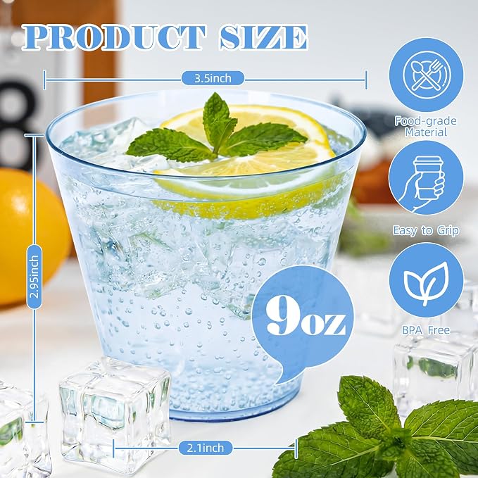 50 Pack 9oz Transparent Blue Plastic Cups, Fancy Disposable Cocktail Cup | - Image 2